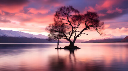 Fototapeta na wymiar Beautifully alone Wanaka tree in Wanaka Lake, New Zealand during sunset.