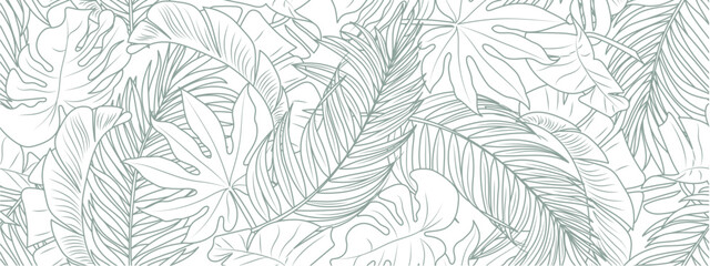 Tropical leaf line art wallpaper background vector. Design of natural monstera leaves and banana leaves in a minimalist linear outline style. Design for fabric, print, cover, banner, decoration. - obrazy, fototapety, plakaty