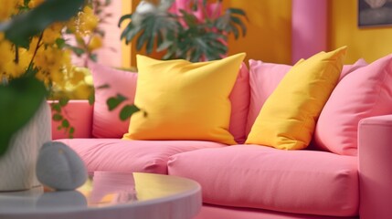 A pink sofa adorned with yellow pillows, Ganerative AI.