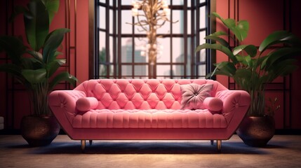 A pink art deco-style sofa with a stylish pillow, Ganerative AI.