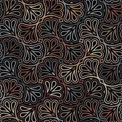 Seamless abstract floral pattern with multicolored geometric leaves on a black background. Grey and brown foliage. Graphic textile texture. Art deco traditional palmette. Vector illustration.