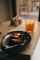 dessert on the table and juice