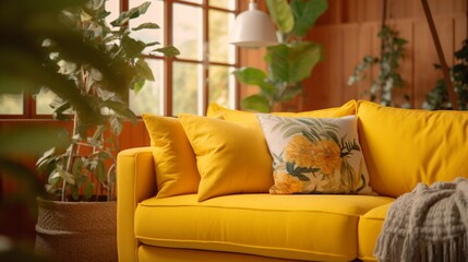 A yellow sofa adorned with pillows, Generative AI.