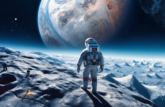 an astronaut standing on the moon looking at the planets