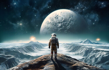 Obraz na płótnie Canvas an astronaut standing on the moon looking at the planets