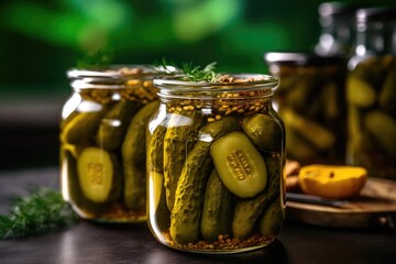 Glass jar of pickled gherkins with spices. Generative AI