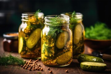 Glass jar of pickled gherkins with spices. Generative AI