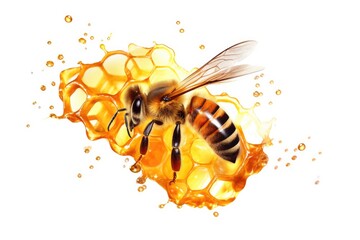 Naklejka premium Close-up bee on honey comb with honey, isolated on transparent background cutout. Generative AI