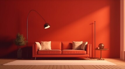 An inviting red living room interior with a sofa, table, lamp, Generative AI.