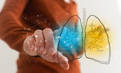Close up of female doctor holding tablet with abstract glowing lung interface with virus outline on dark background. Medicine, pandemic and healthcare concept. Double exposure