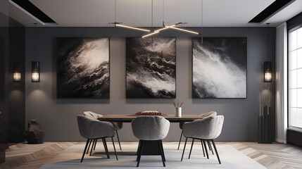 A 3D mockup of canvas frames adorning the walls of a modern office, meeting room interior, or show, Created with AI Tool