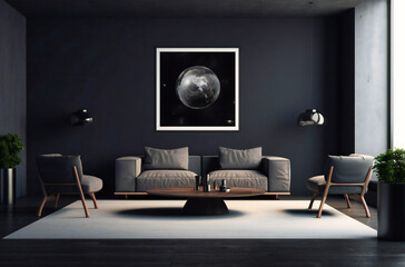 a modern living room in dark grey with a large frame on the wall