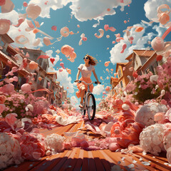 Women rides a bicycle on a street full of decorations, generative AI illustrations