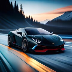 Plakat Sport car on the road with motion blur background. 3d rendering. Ai generated