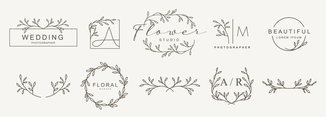 Logo templates with hand drawn branches and leaves in line art. Elegant vector floral frame, wreath for label, corporate identity, wedding invitation, save the date