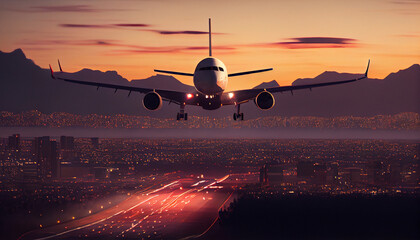 Fototapeta na wymiar Airplane take off over the panorama city at twilight scene Ai generated image