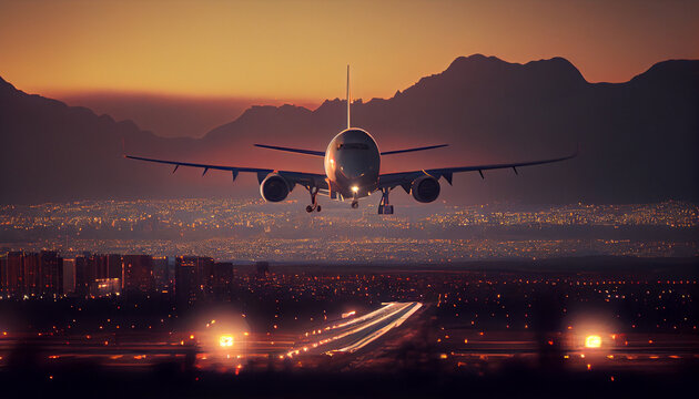Airplane take off over the panorama city at twilight scene Ai generated image