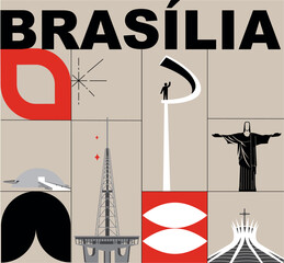 Typography word "Brasilia" branding technology concept. Collection of flat vector web icons, culture travel set, famous architectures and specialties detailed silhouette. Brazilian famous landmark.