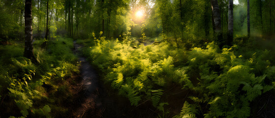 Obraz premium Sunlit Forest, Misty Vapors, Autumn Colors, Wildflowers, Treetops, Play of Light, Forest Clearing, Fern, Coniferous Forest, Roots, Mystical Atmosphere, Forest Animals, Birdsong, Forest, Generative AI