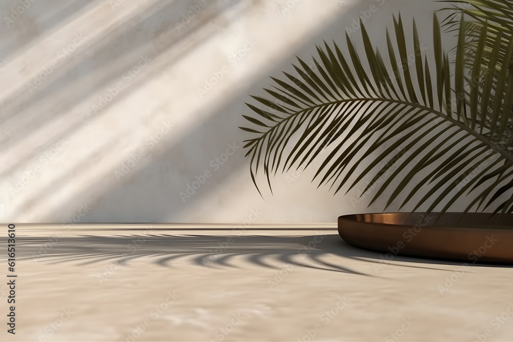 Poster modern empty pastel brown concrete counter table top in sunlight, palm leaf shadow on stucco texture