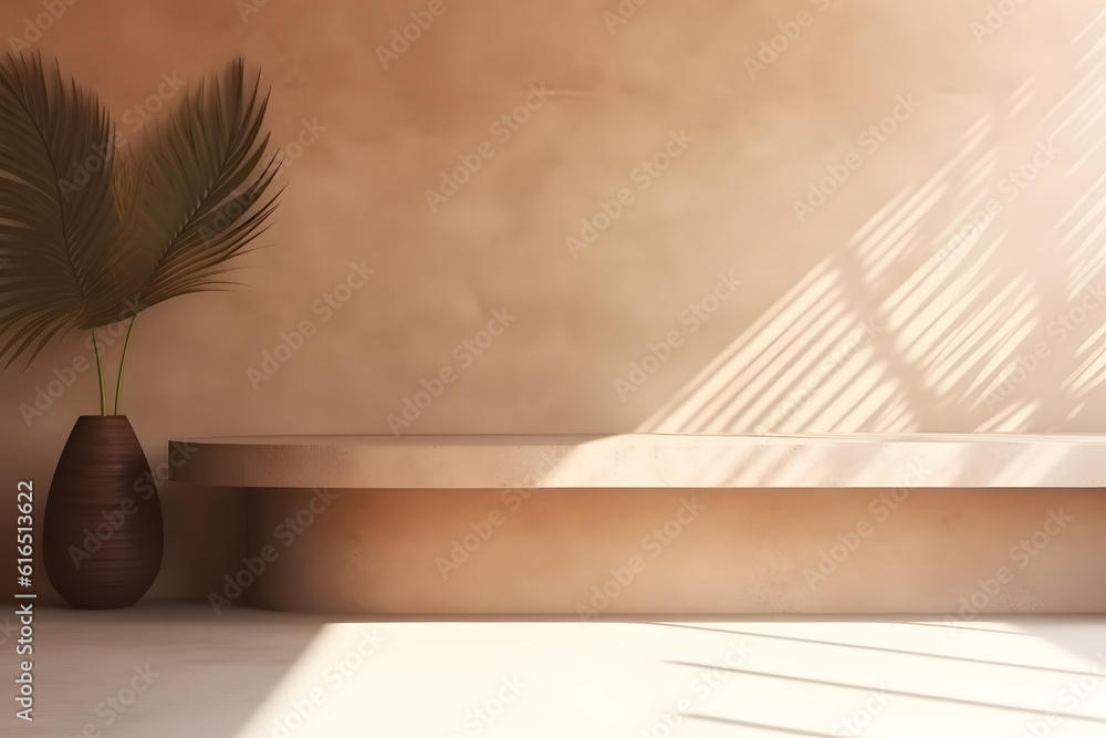 Poster modern empty pastel brown concrete counter table top in sunlight, palm leaf shadow on stucco texture