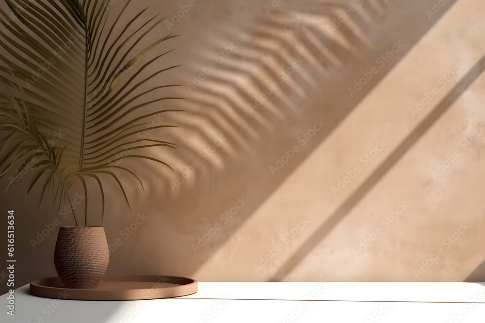 Poster modern empty pastel brown concrete counter table top in sunlight, palm leaf shadow on stucco texture