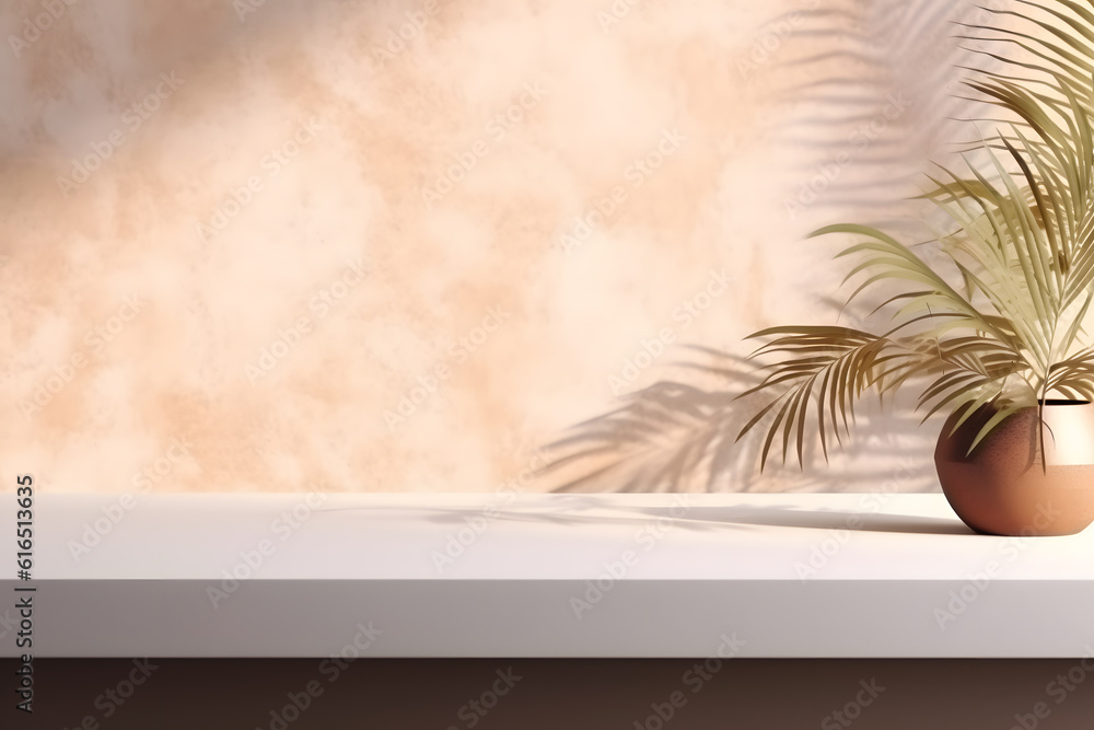 Poster modern empty pastel brown concrete counter table top in sunlight, palm leaf shadow on stucco texture