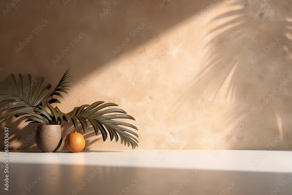 Poster modern empty pastel brown concrete counter table top in sunlight, palm leaf shadow on stucco texture