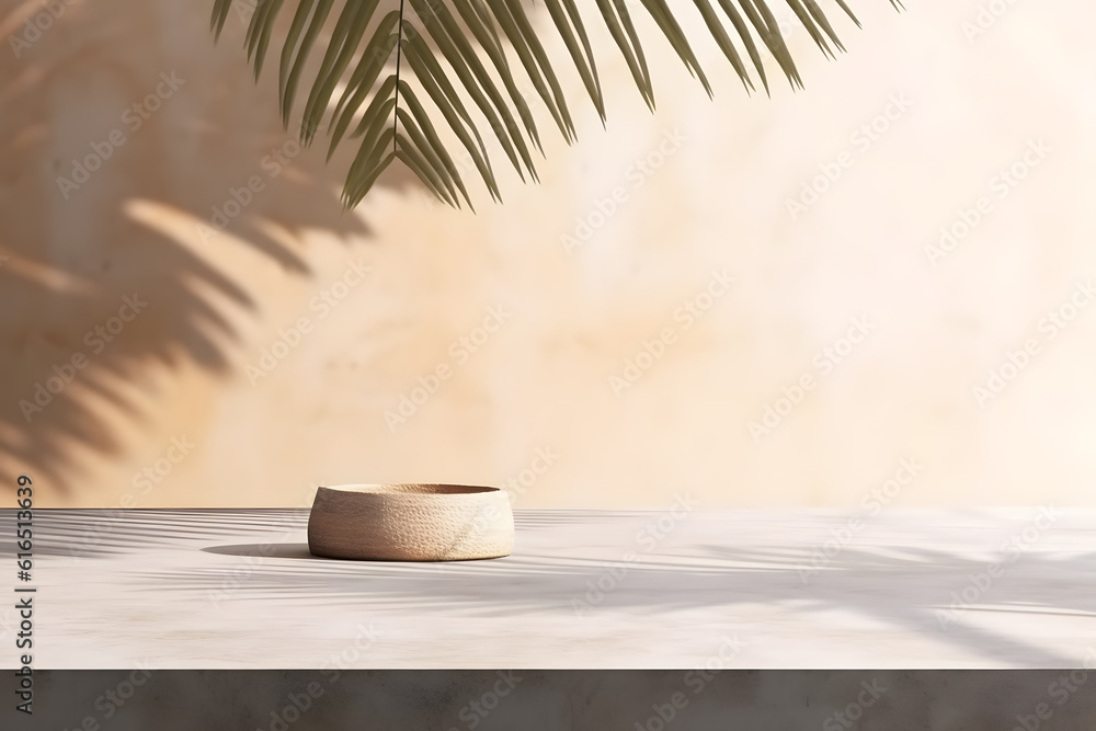 Poster modern empty pastel brown concrete counter table top in sunlight, palm leaf shadow on stucco texture