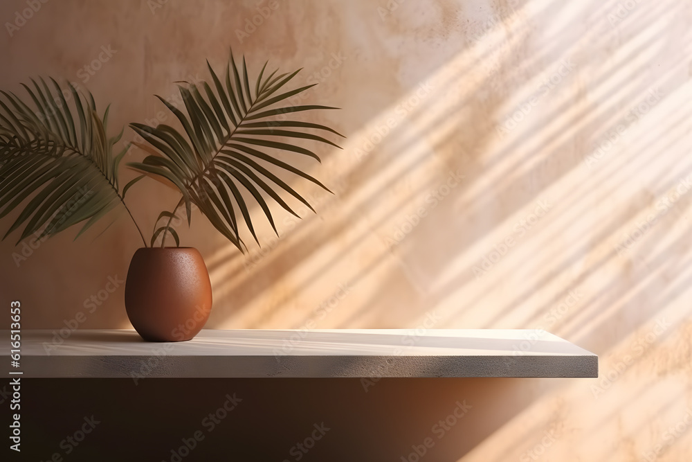Poster modern empty pastel brown concrete counter table top in sunlight, palm leaf shadow on stucco texture