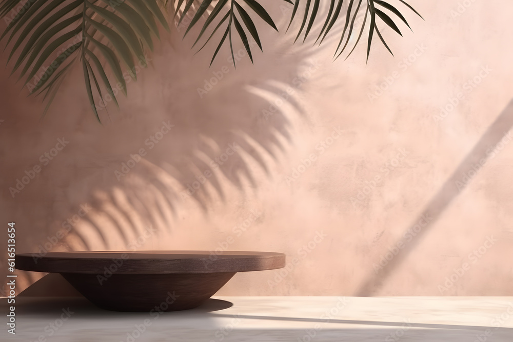 Poster modern empty pastel brown concrete counter table top in sunlight, palm leaf shadow on stucco texture