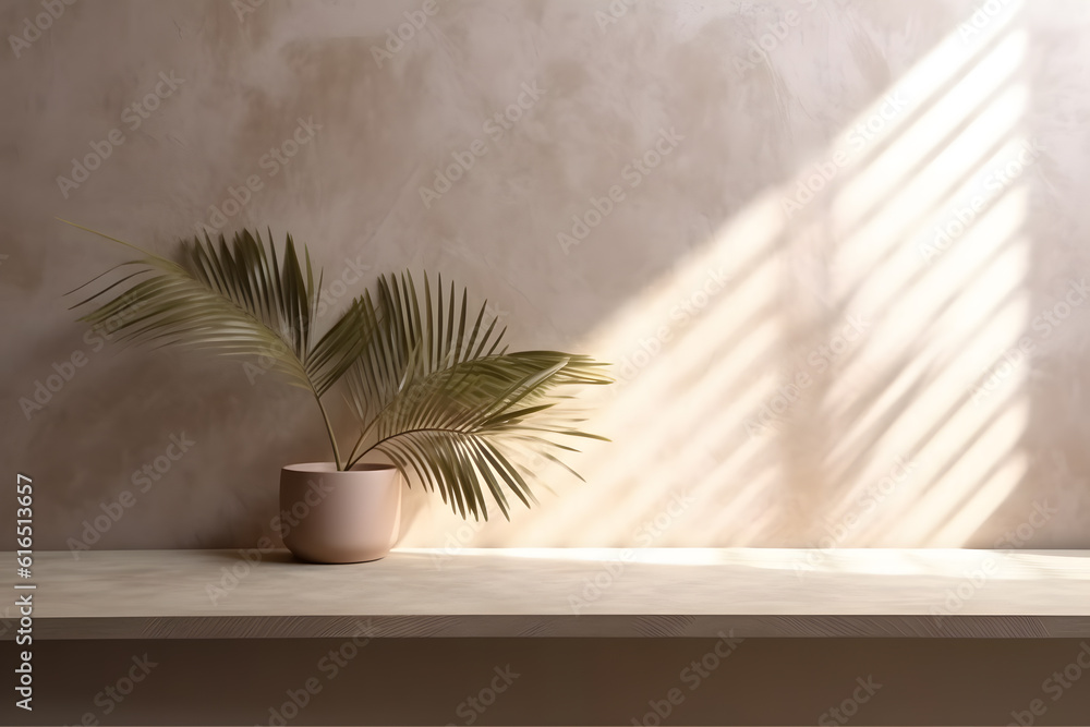 Poster modern empty pastel brown concrete counter table top in sunlight, palm leaf shadow on stucco texture