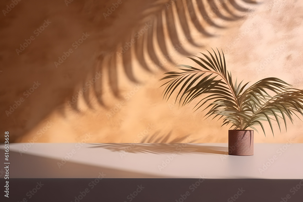 Poster modern empty pastel brown concrete counter table top in sunlight, palm leaf shadow on stucco texture