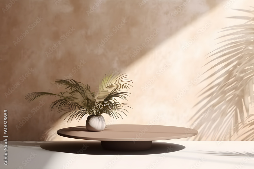 Poster modern empty pastel brown concrete counter table top in sunlight, palm leaf shadow on stucco texture