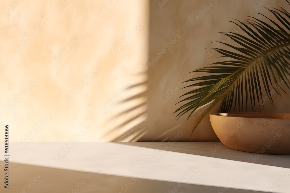 Poster modern empty pastel brown concrete counter table top in sunlight, palm leaf shadow on stucco texture