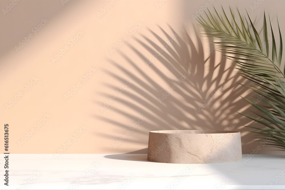 Poster modern empty pastel brown concrete counter table top in sunlight, palm leaf shadow on stucco texture
