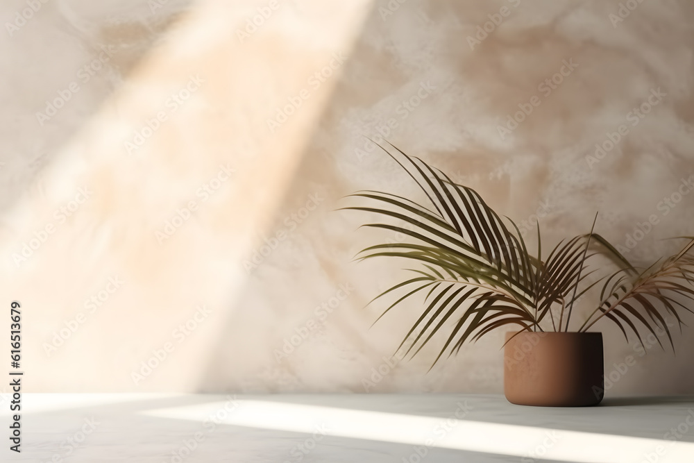Poster modern empty pastel brown concrete counter table top in sunlight, palm leaf shadow on stucco texture