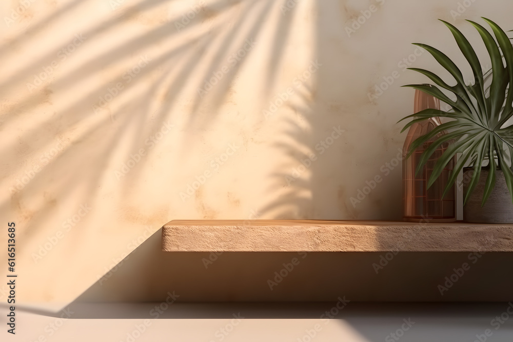 Poster modern empty pastel brown concrete counter table top in sunlight, palm leaf shadow on stucco texture