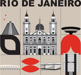 Typography word "Rio De Janeiro" branding technology concept. Collection of flat vector web icons, culture travel set, famous architectures, specialties detailed silhouette. Brazilian famous landmark.