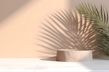 Modern empty pastel brown concrete counter table top in sunlight, palm leaf shadow on stucco texture wall. 3d rendering. Generative AI