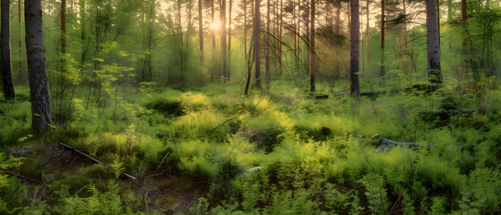 Fototapeta premium Forest Silence, Biodiversity, Forest Enchantment, Inspirational Landscapes, Forest Magic, Ecological Balance, Nature Reserve, Forest Plants, Generative AI
