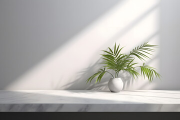 Modern minimal empty white marble stone counter table top, in sunlight, palm foliage leaf shadow on concrete wall background. 3d rendering. Generative AI