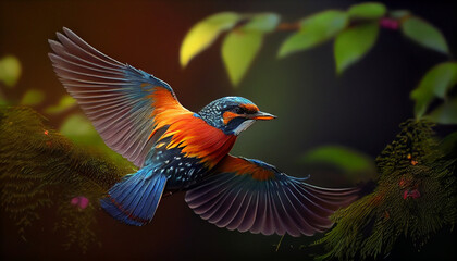 Colorful exotic bird fly. Forest landscape blured background Ai generated image