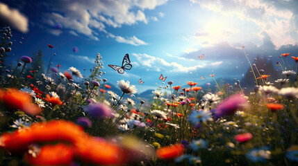 Fototapeta na wymiar Spring, summer shot of flowers and butterflies in meadow in nature outdoors on bright sunny day