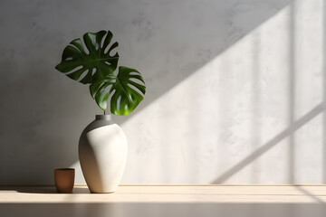 Modern white vase with green plant and a wooden plate on stone counter table with space in sunlight, leaf shadow on beige stucco cement wall for interior design decoration. 3d rendering. Generative AI