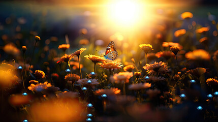 Spring, summer shot of flowers and butterflies in meadow in nature outdoors on bright sunny day