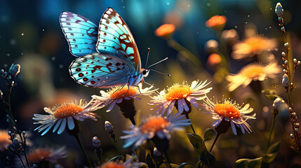 Spring, summer shot of flowers and butterflies in meadow in nature outdoors on bright sunny day