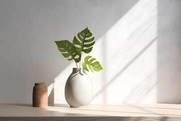 Modern white vase with green plant and a wooden plate on stone counter table with space in sunlight, leaf shadow on beige stucco cement wall for interior design decoration. 3d rendering. Generative AI