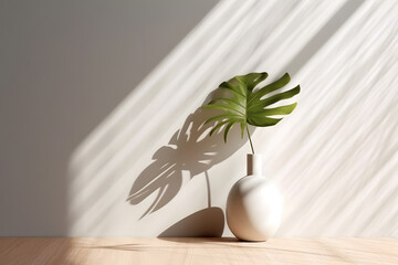 Modern white vase with green plant and a wooden plate on stone counter table with space in sunlight, leaf shadow on beige stucco cement wall for interior design decoration. 3d rendering. Generative AI