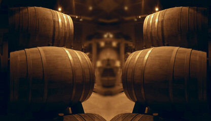 Wine beer casks stacked in a dark cellar. Oak wood barrel for rum bourbon storage. Oak wood barrel,...